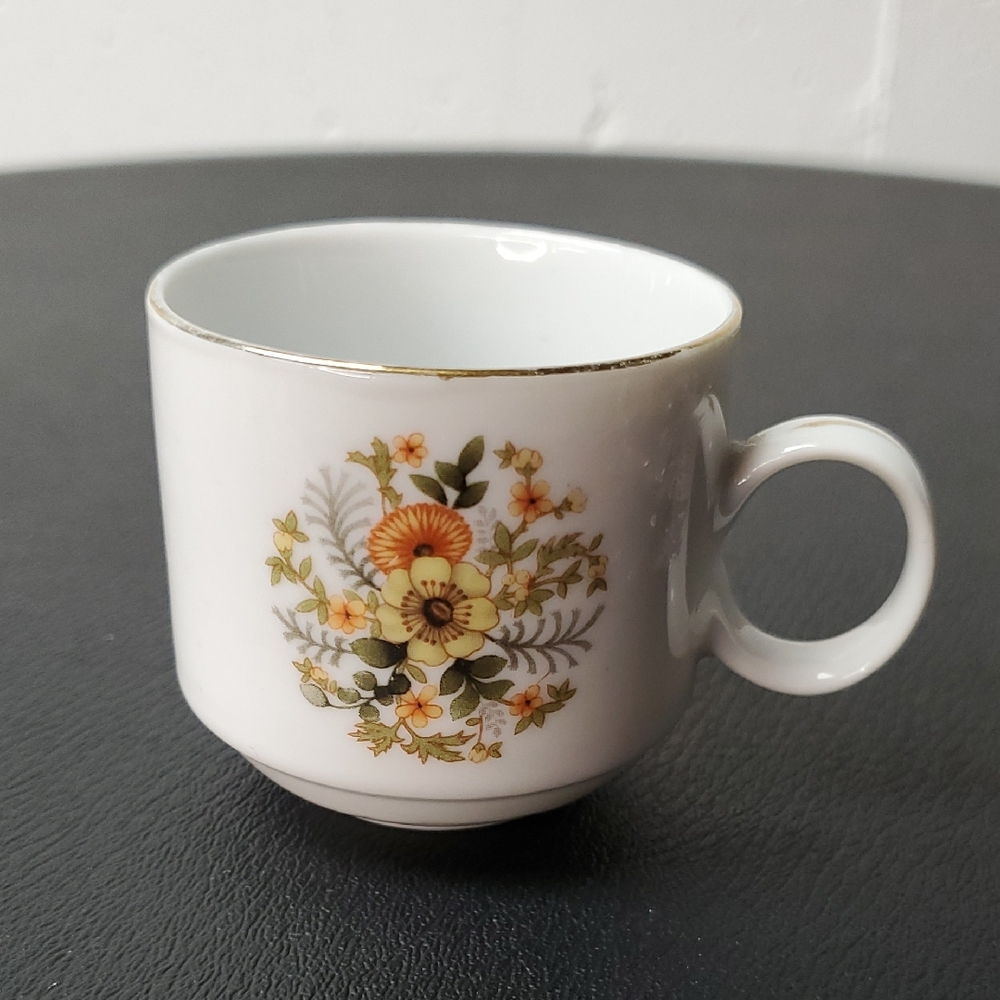 Vintage Chinese Teacup with Floral Design White Porcelain & Gold Tone Rim